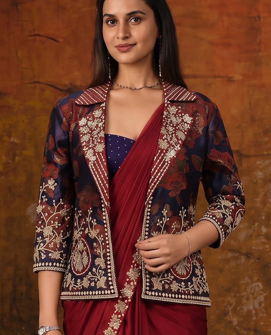 27118 - Maroon Embroidered Wedding Party Designer Saree